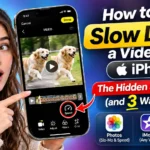 Woman demonstrating how to slow down a video on iPhone using the Photos app Speed control.