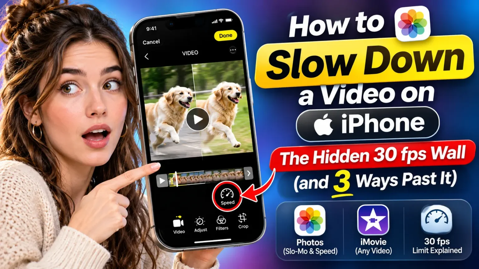 Woman demonstrating how to slow down a video on iPhone using the Photos app Speed control.