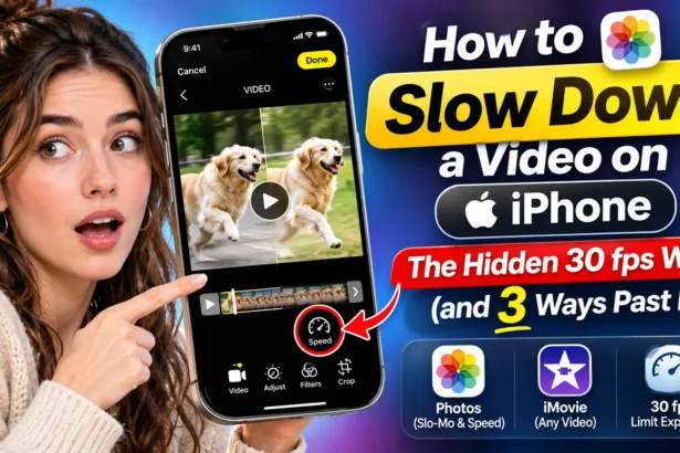 Woman demonstrating how to slow down a video on iPhone using the Photos app Speed control.