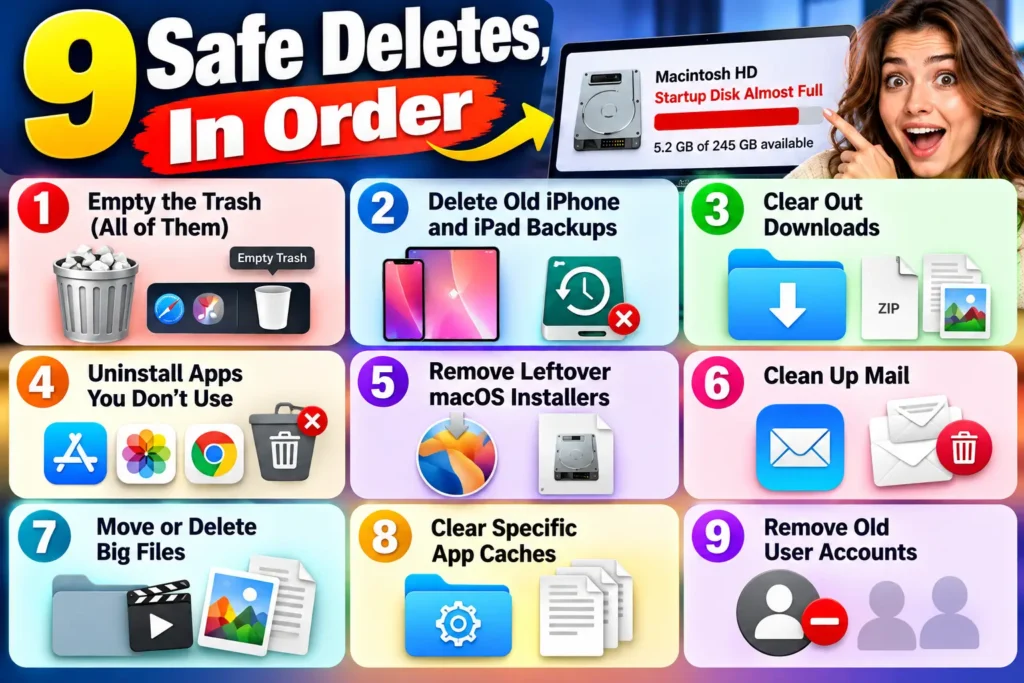 Infographic showing nine Mac storage cleanup steps, including emptying Trash, deleting old iPhone and iPad backups, clearing Downloads, uninstalling unused apps, removing macOS installers, cleaning Mail, managing large files, clearing app caches, and removing old user accounts.