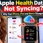 Apple Health data not syncing between iPhone, iPad, and Apple Watch, showing mismatched health statistics and a cloud sync warning.
