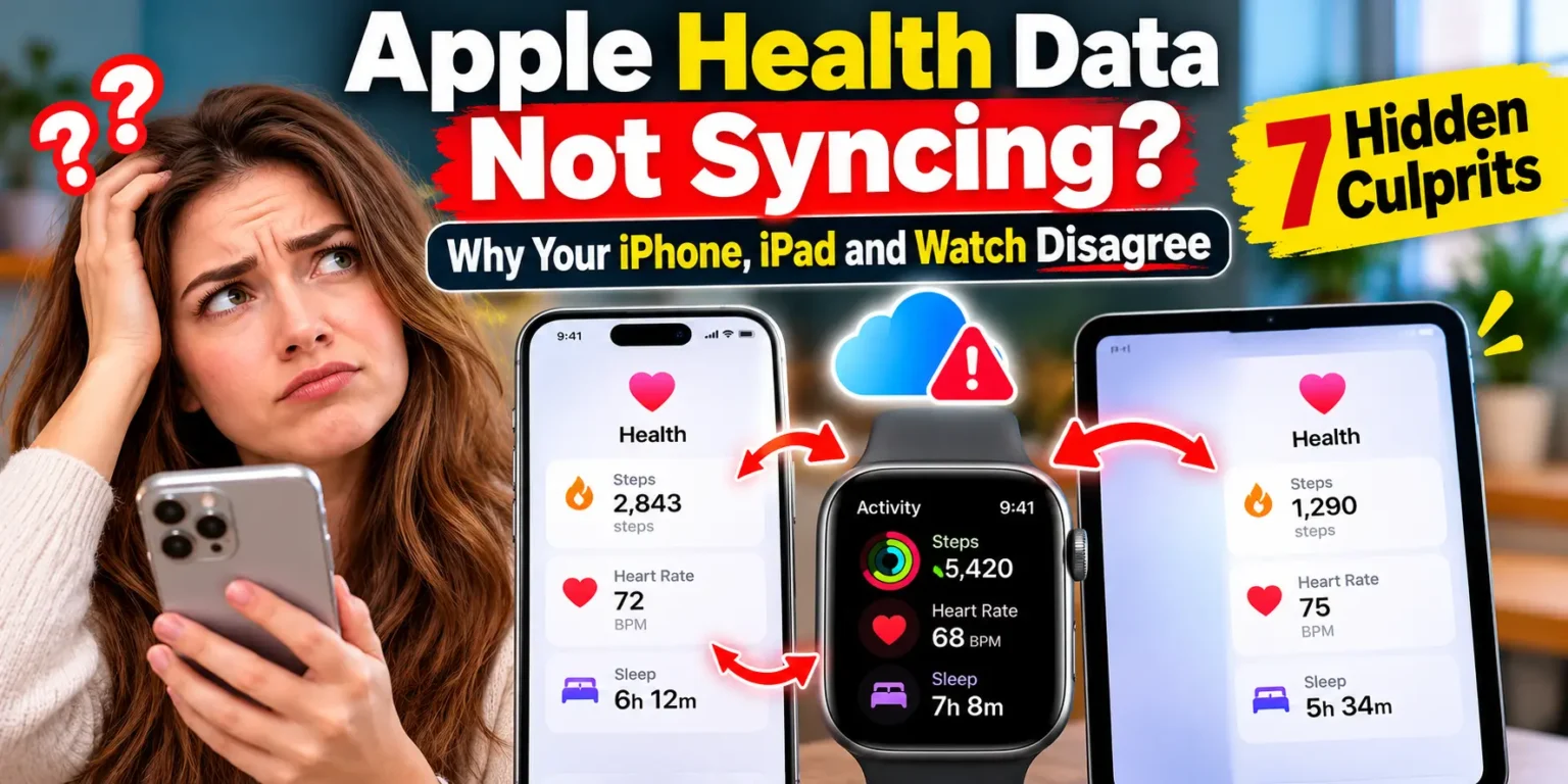 Apple Health data not syncing between iPhone, iPad, and Apple Watch, showing mismatched health statistics and a cloud sync warning.