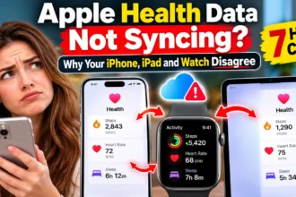 Apple Health data not syncing between iPhone, iPad, and Apple Watch, showing mismatched health statistics and a cloud sync warning.