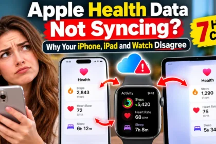 Apple Health data not syncing between iPhone, iPad, and Apple Watch, showing mismatched health statistics and a cloud sync warning.