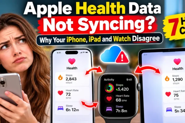 Apple Health data not syncing between iPhone, iPad, and Apple Watch, showing mismatched health statistics and a cloud sync warning.